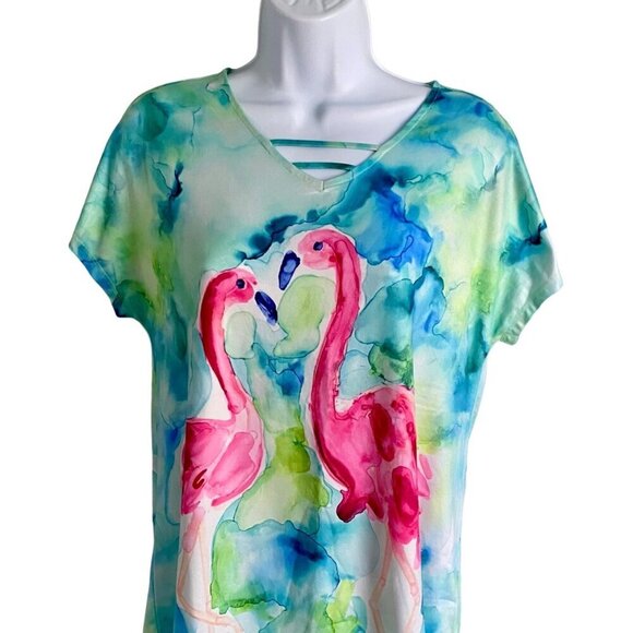 Art & Sol Colorful Flamingo Print Short Sleeve Top Women's Small NEW - Picture 5 of 10